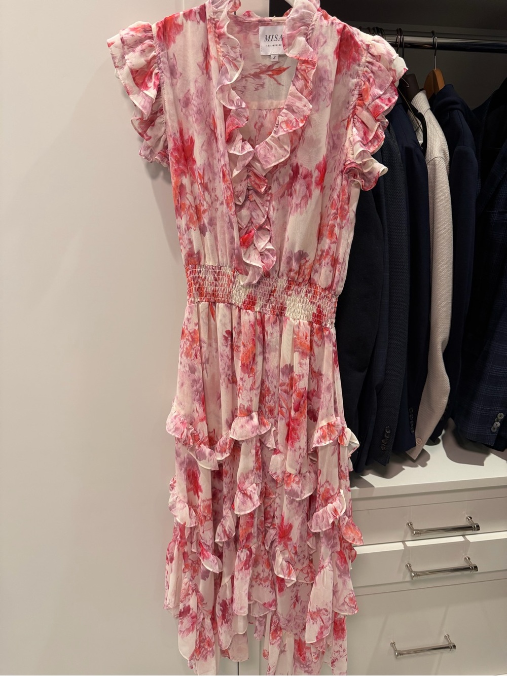 Misa Los Angeles Pink and White Floral Ruffled Midi Dress